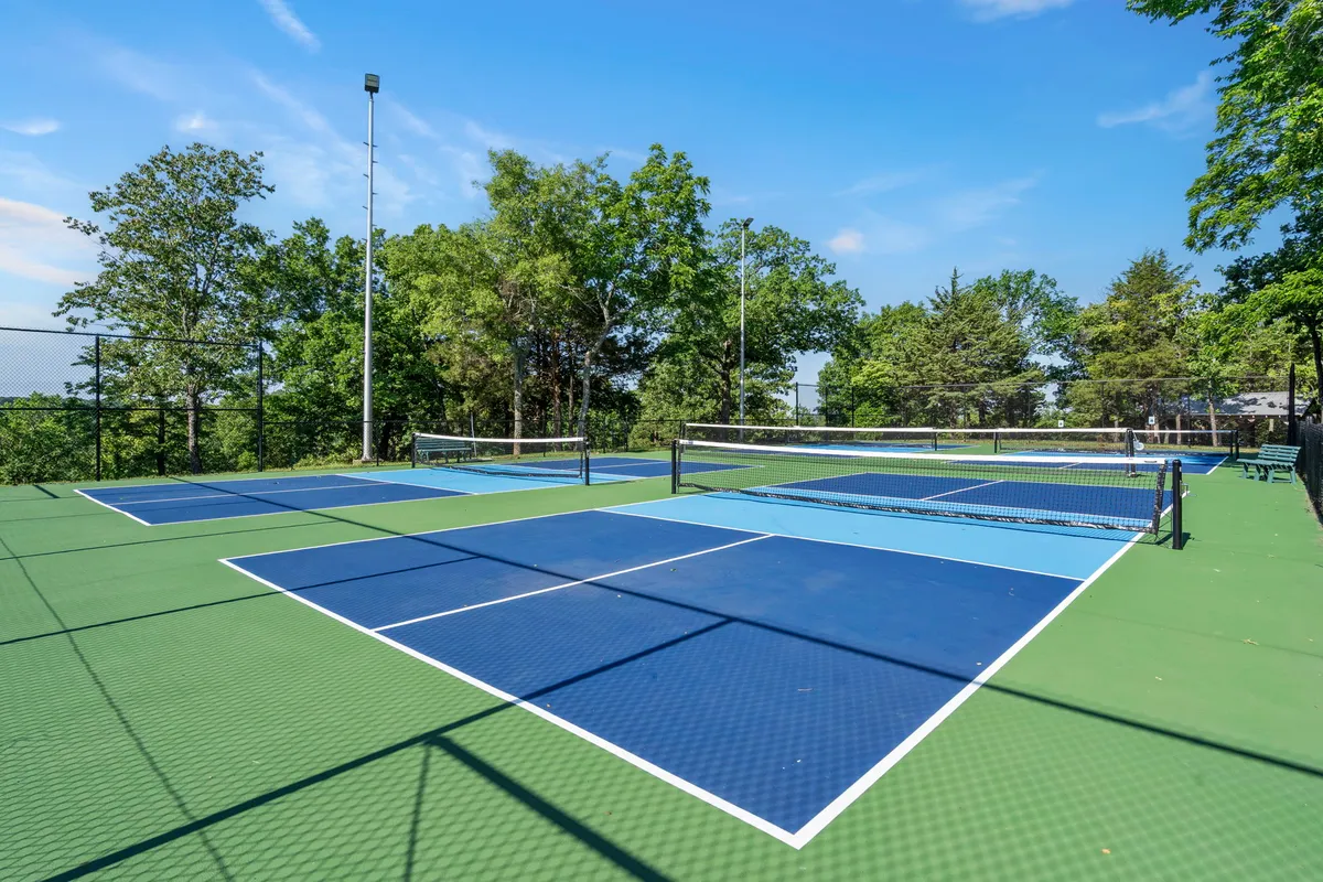 A wide-angle shot of well-maintained tennis (or pickleball) courts surrounded by mature trees. The area is sunlit and inviting, ideal for active recreation and social sports.