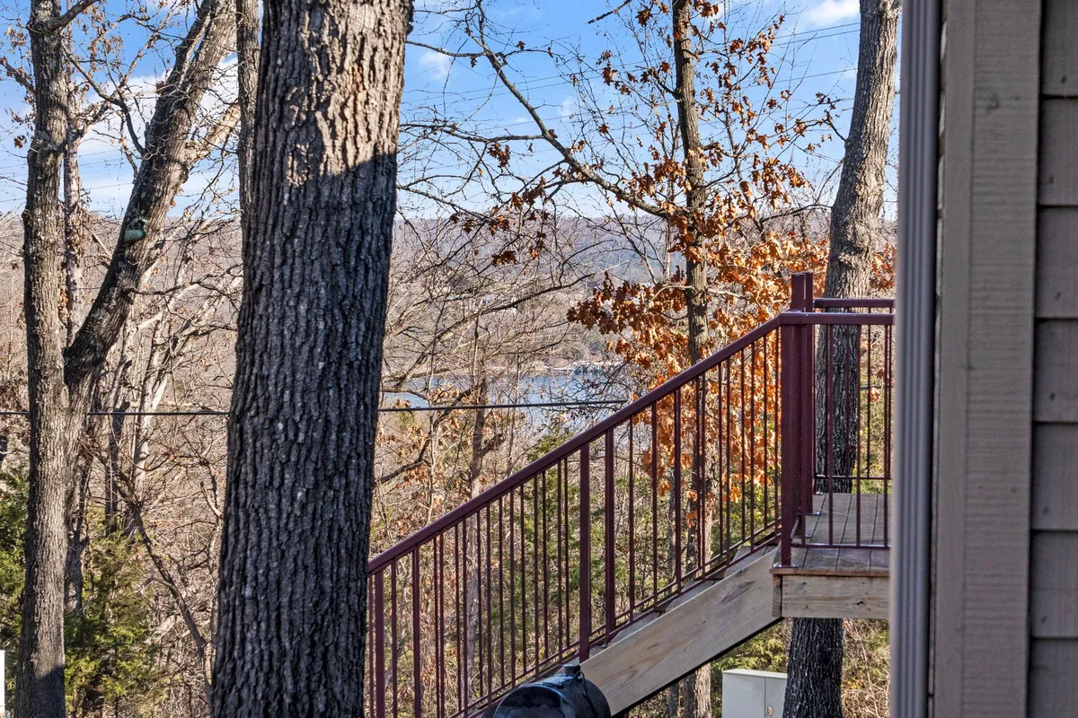 A wooden staircase leads through tall tree trunks, drawing the eye toward a distant water view. The setting is tranquil, with filtered sunlight through the trees and the calm lake just visible beyond, evoking the feeling of peaceful seclusion in nature.
